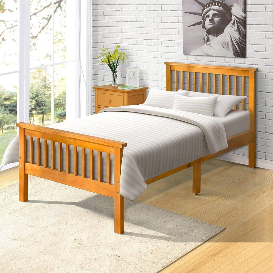 Hommoo Classic Wood Platform Beds with Headboard and Footboard - Oak Image 1