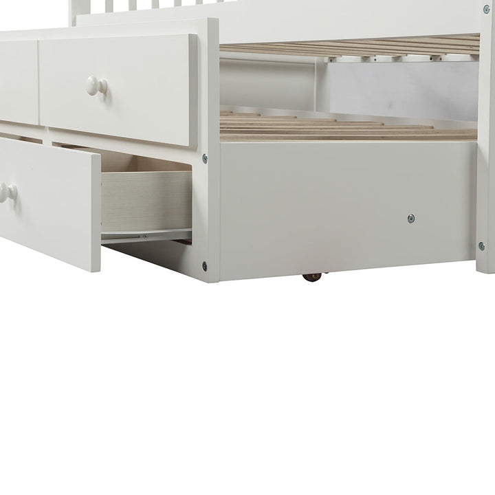 Hommoo Solid Wood Twin Size Beds with Trundle and 3 Storage Drawers - White Image 6