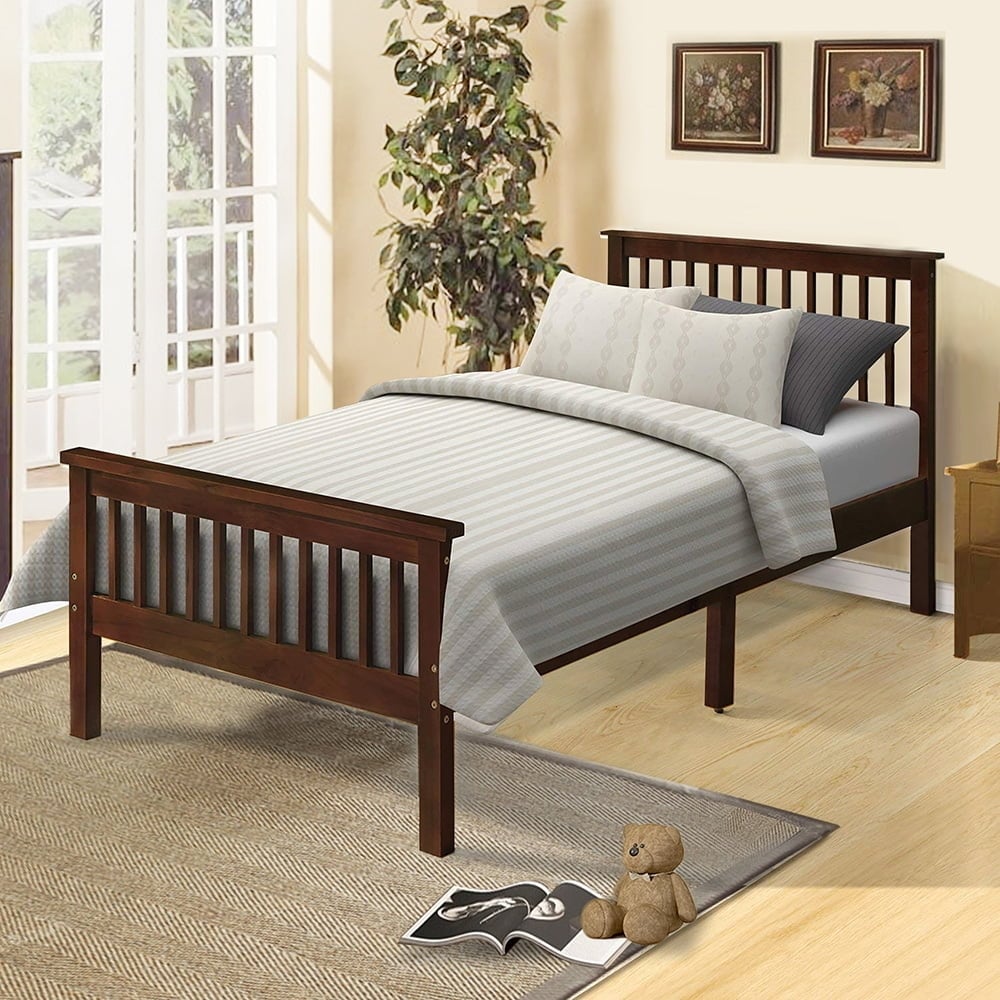 Hommoo Twin Size Wood Platform Beds, Bed Frame with Headboard and Footboard - Espresso Image 1