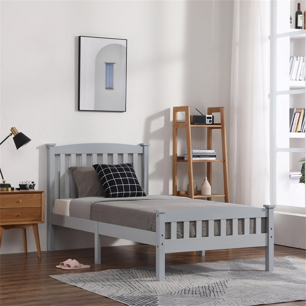 Hommoo Twin Bed Frame with Headboard for Kids Adults, Wood Platform Bed Twin size, White Image 2