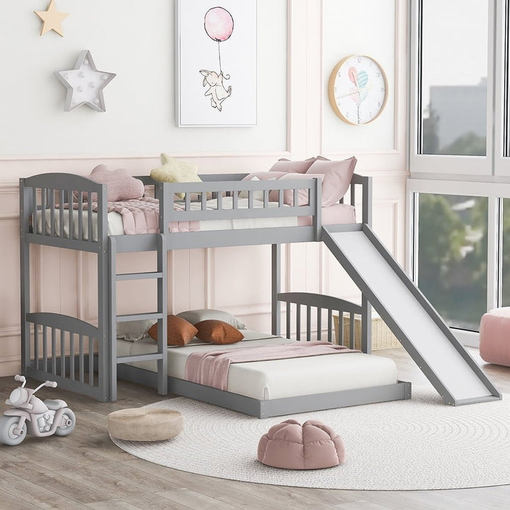 Hommoo Twin Over Twin Bunk Bed with Slide and Ladder for Kids, Teens - Gray Image 1