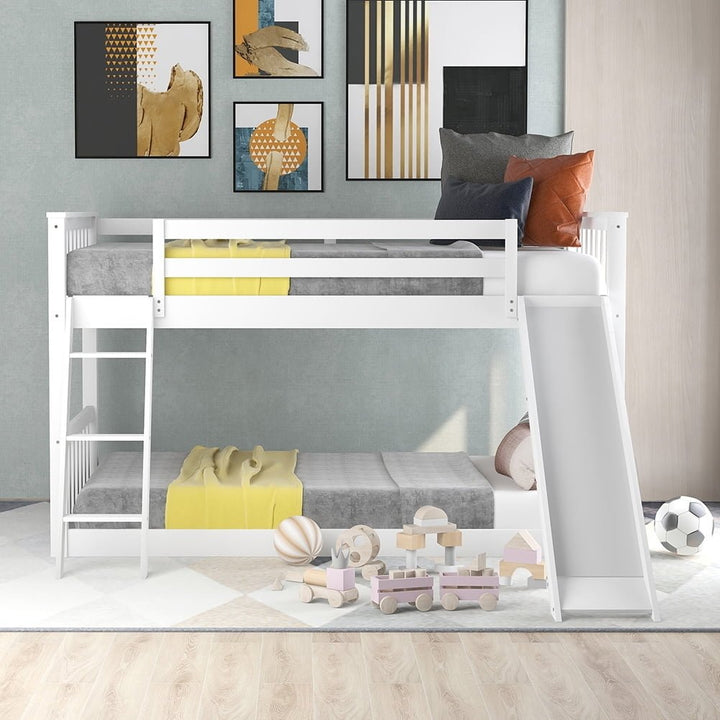 Hommoo Twin over Twin Solid Wood Bunk Bed with Convertible Slide and Ladder - White Image 1