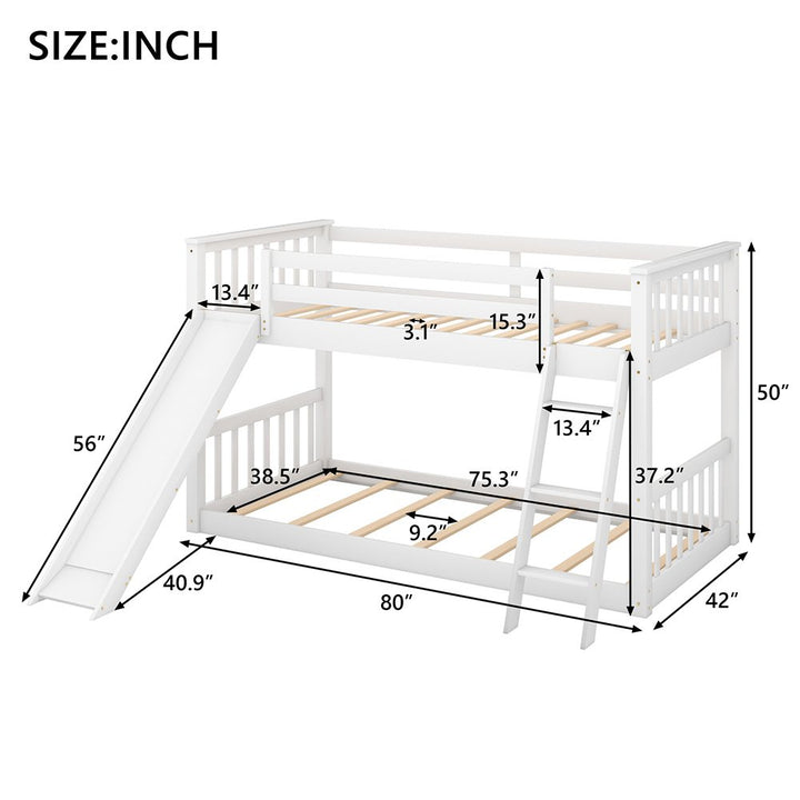 Hommoo Twin over Twin Solid Wood Bunk Bed with Convertible Slide and Ladder - White Image 5