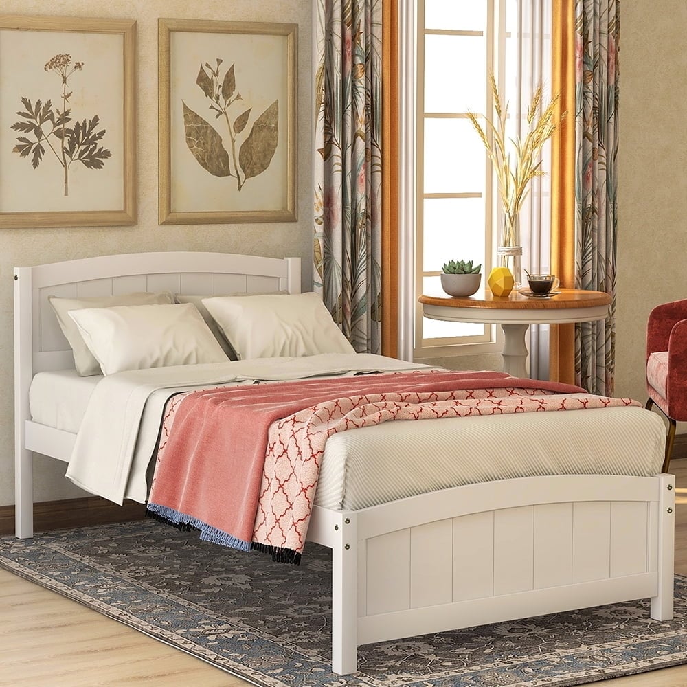 Hommoo Solid Wood Platform Beds with Headboard, Footboard and Wood Slat Support - White Image 1