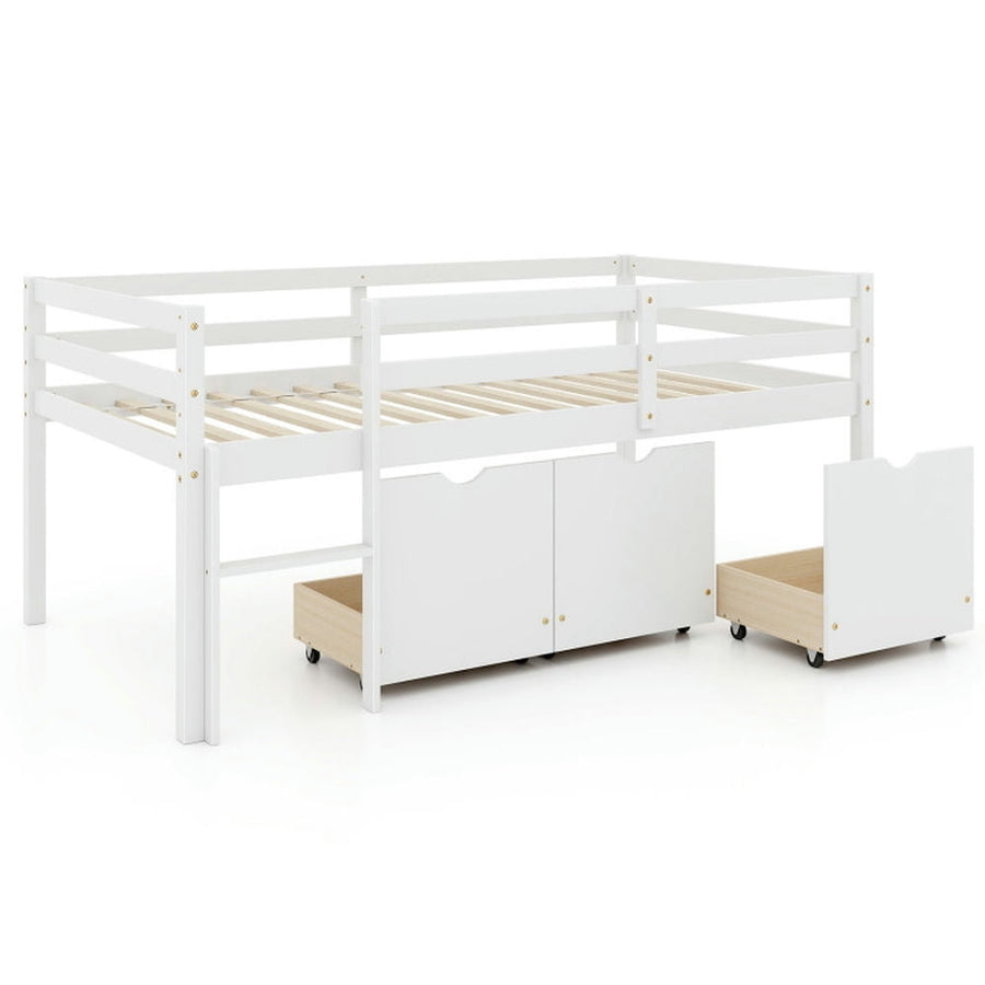 Hommoo Modern Bunk Bed,Twin Size Low Loft Bed with 3 Drawers with Ladder and Full-length Guardrails-White Image 1