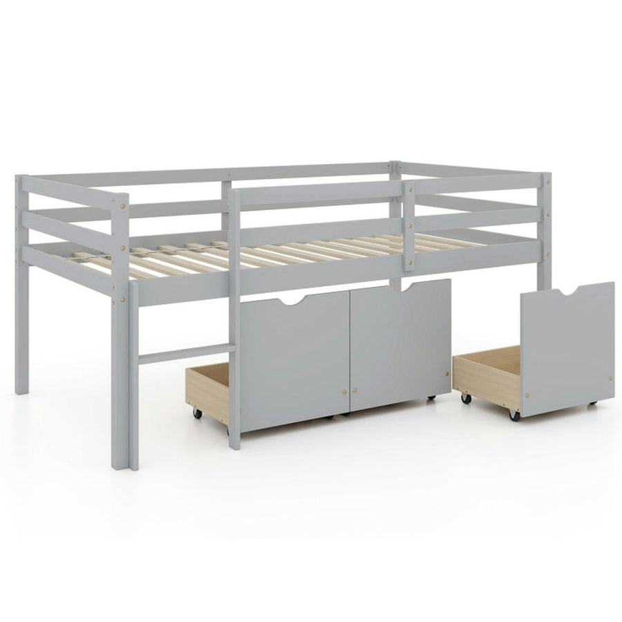 Hommoo Modern Bunk Bed,Twin Size Low Loft Bed with 3 Drawers with Ladder and Full-length Guardrails-Gray Image 1