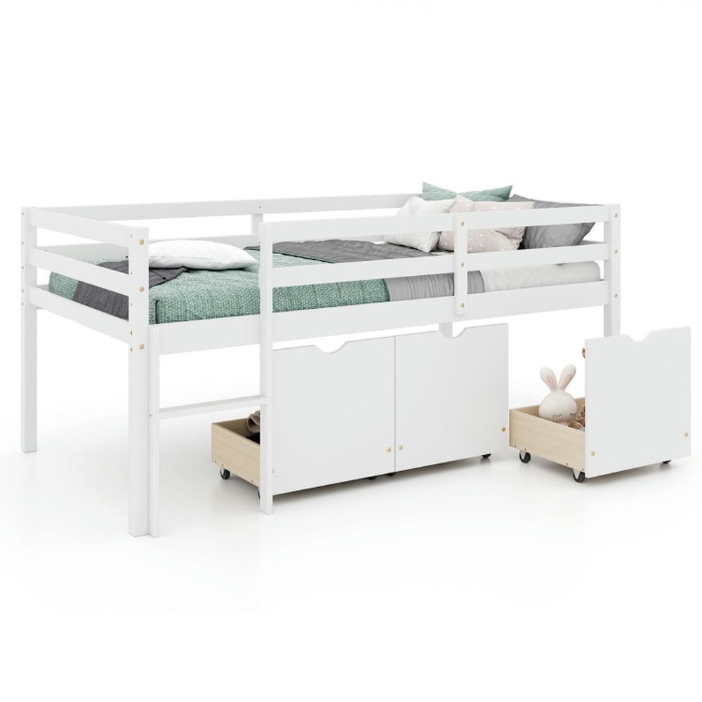 Hommoo Modern Bunk Bed,Twin Size Low Loft Bed with 3 Drawers with Ladder and Full-length Guardrails-White Image 2