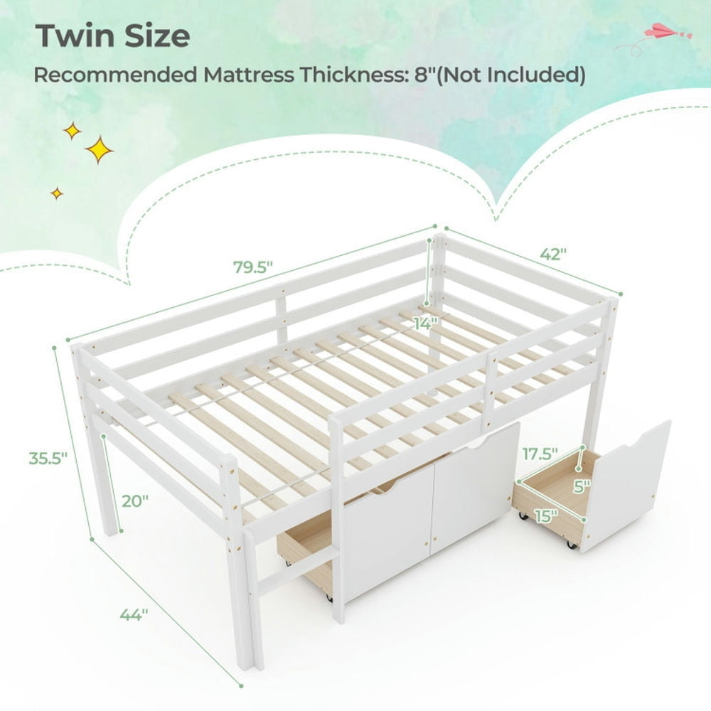 Hommoo Modern Bunk Bed,Twin Size Low Loft Bed with 3 Drawers with Ladder and Full-length Guardrails-White Image 3