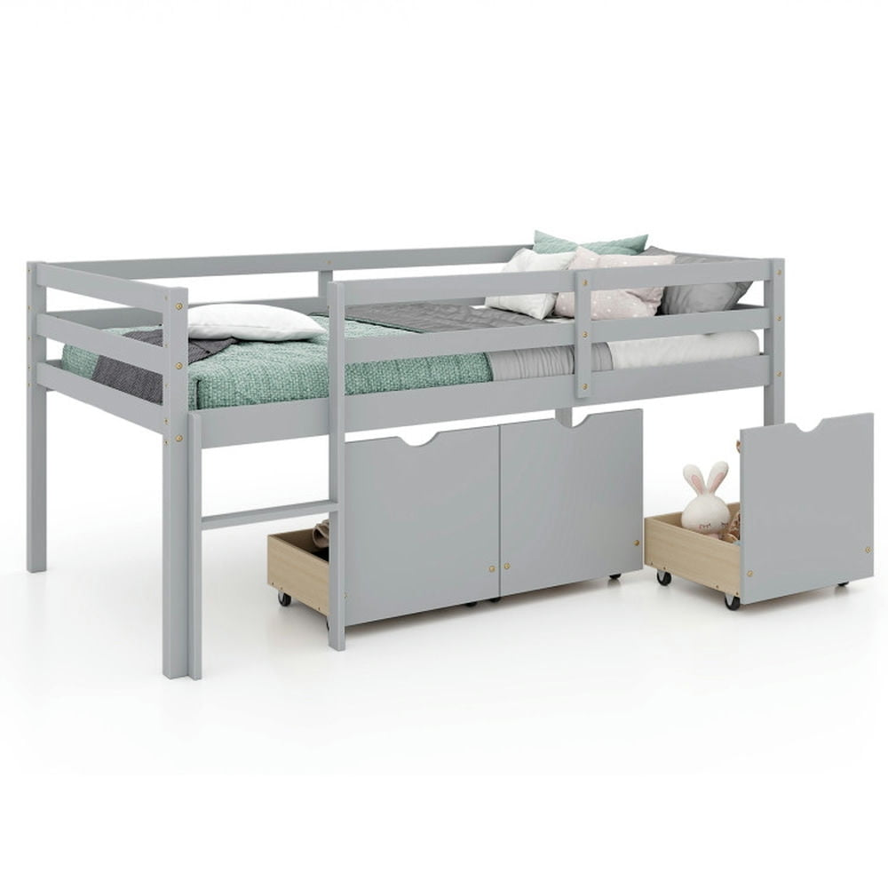 Hommoo Modern Bunk Bed,Twin Size Low Loft Bed with 3 Drawers with Ladder and Full-length Guardrails-Gray Image 2