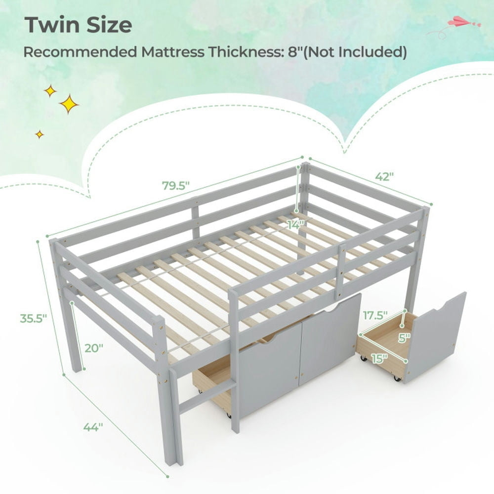 Hommoo Modern Bunk Bed,Twin Size Low Loft Bed with 3 Drawers with Ladder and Full-length Guardrails-Gray Image 3