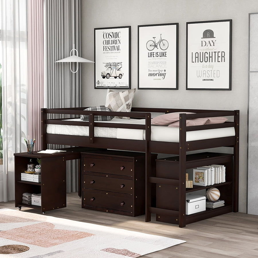 Hommoo Low Study Twin Loft Bed with Desk and Cabinet(Twin-size, Espresso) Image 1