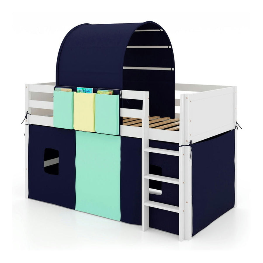 Hommoo Modern Bunk Bed,Twin Size Loft Bed Playhouse Bed Frame with Tower Tent and 3 Storage Pockets-Navy Image 1