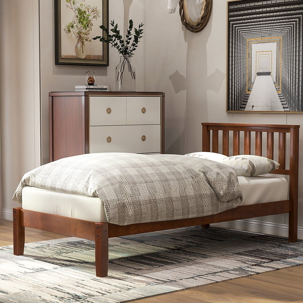 Hommoo Solid Wood Platform Beds with Headboard and Wood Slat Support, Classic Bed Frame - Twin - Walnut Image 1