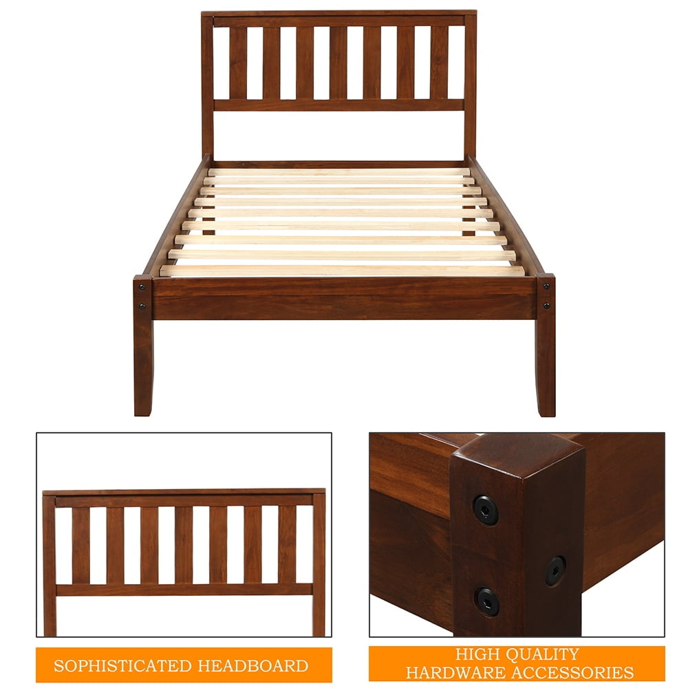 Hommoo Solid Wood Platform Beds with Headboard and Wood Slat Support, Classic Bed Frame - Twin - Walnut Image 2