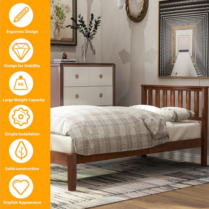 Hommoo Solid Wood Platform Beds with Headboard and Wood Slat Support, Classic Bed Frame - Twin - Walnut Image 3