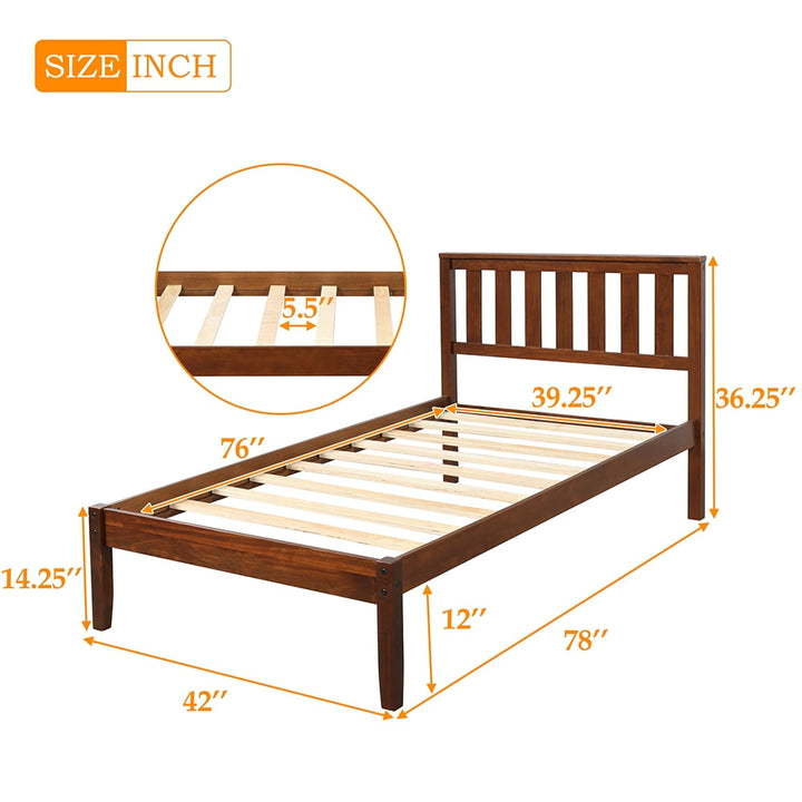 Hommoo Solid Wood Platform Beds with Headboard and Wood Slat Support, Classic Bed Frame - Twin - Walnut Image 4