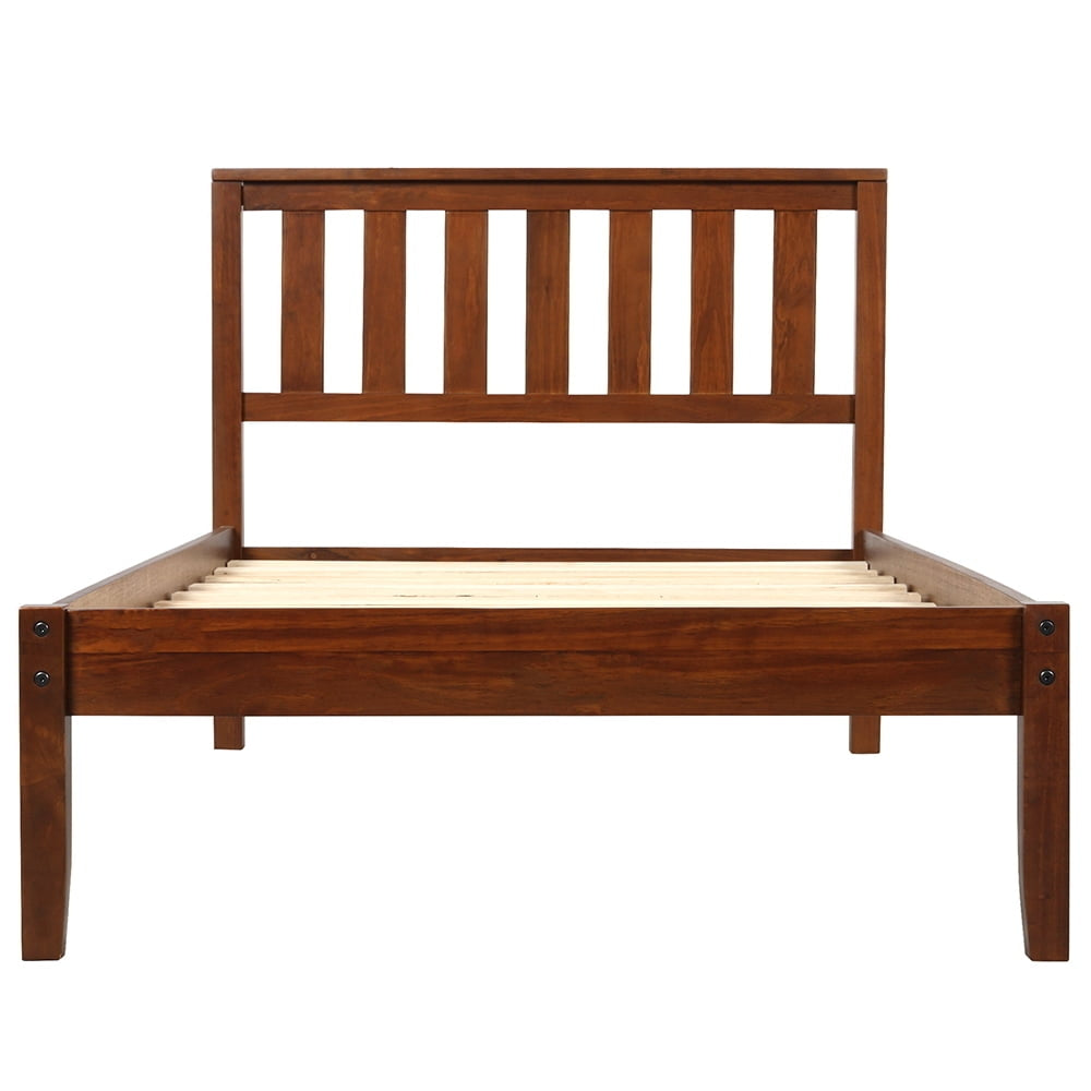 Hommoo Solid Wood Platform Beds with Headboard and Wood Slat Support, Classic Bed Frame - Twin - Walnut Image 5