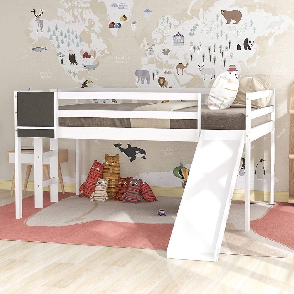 Hommoo Kids Wood Loft Bed with Slide, Ladder and Chalkboard, Full Size - White Image 1