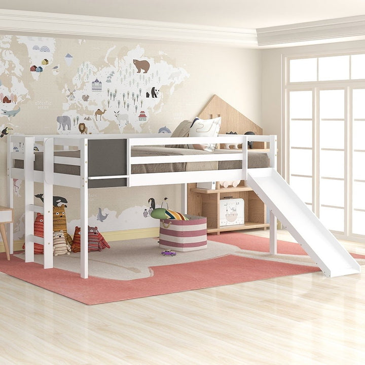 Hommoo Kids Wood Loft Bed with Slide, Ladder and Chalkboard, Full Size - White Image 6