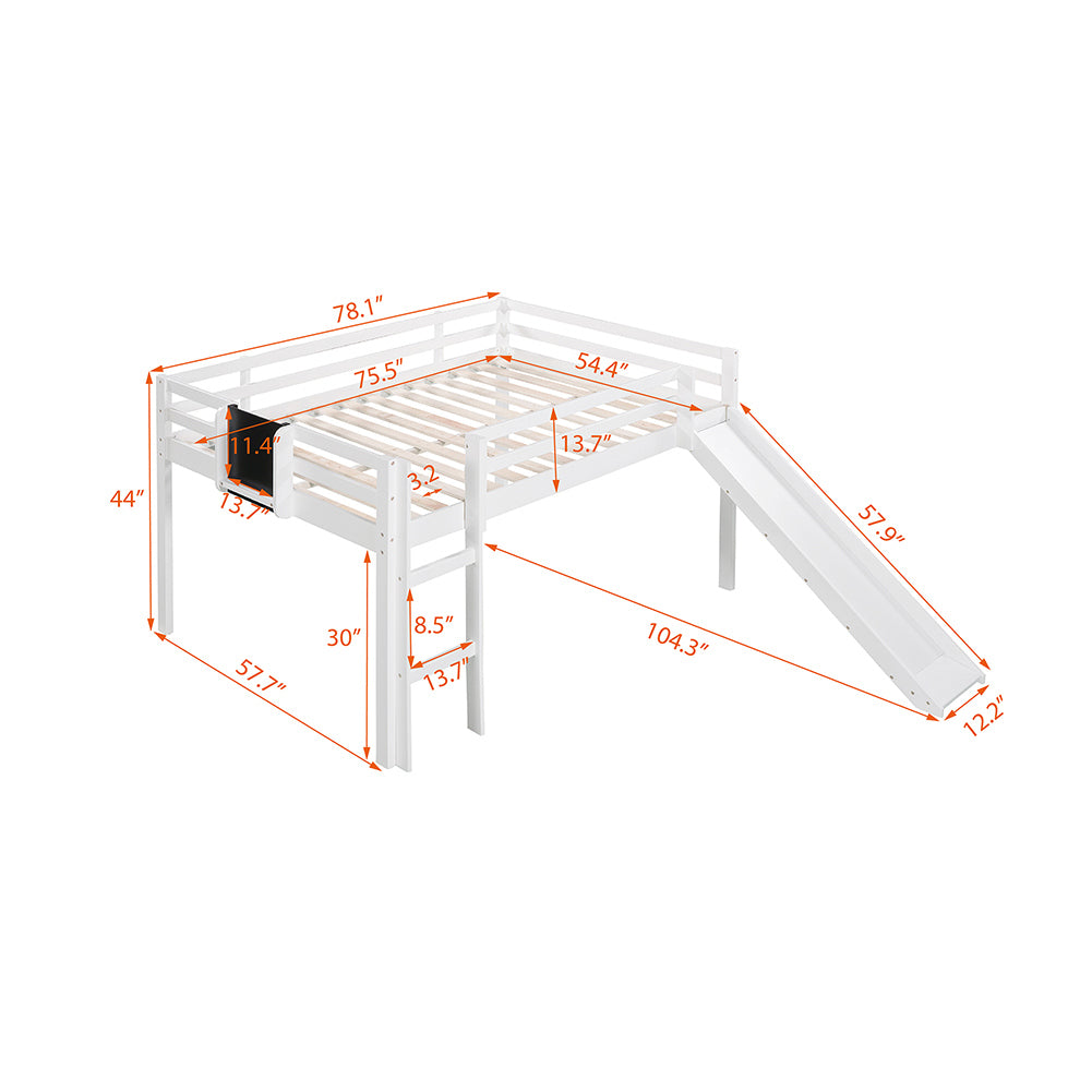 Hommoo Kids Wood Loft Bed with Slide, Ladder and Chalkboard, Full Size - White Image 7