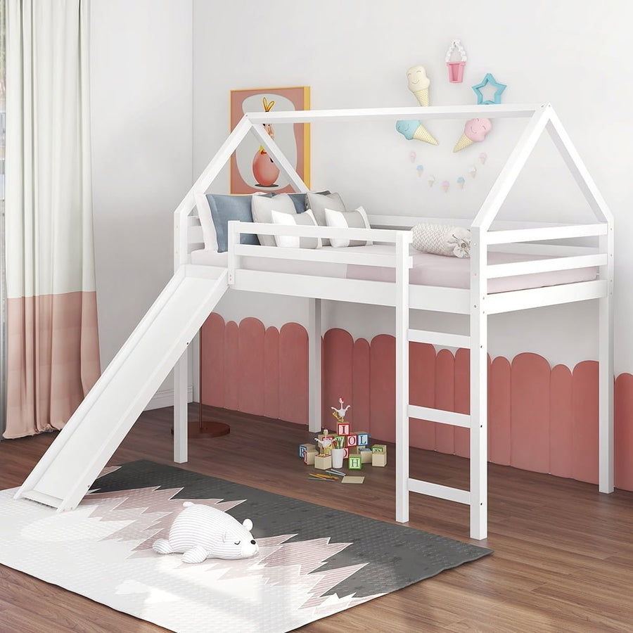 Hommoo Kids Wood Loft Bed, House-Shaped Bed with Slide and Ladder, Twin Size - White Image 1