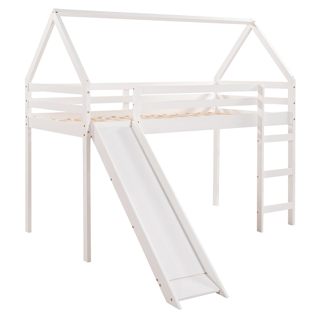 Hommoo Kids Wood Loft Bed, House-Shaped Bed with Slide and Ladder, Twin Size - White Image 3