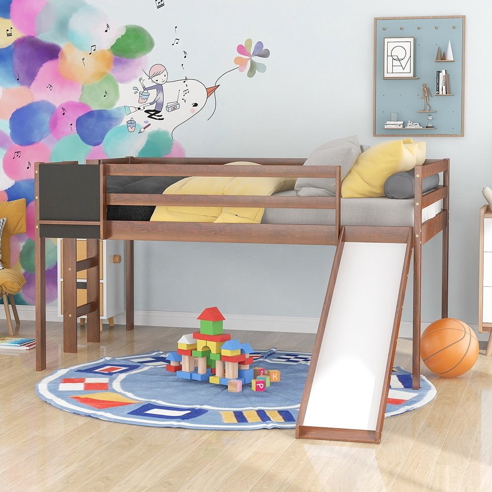 Hommoo Kids Wood Loft Bed with Slide, Ladder and Chalkboard, Full Size - Walnut Image 1