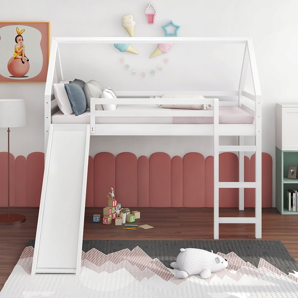 Hommoo Kids Wood Loft Bed, House-Shaped Bed with Slide and Ladder, Twin Size - White Image 4