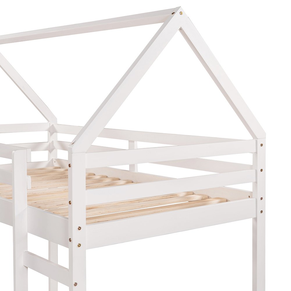 Hommoo Kids Wood Loft Bed, House-Shaped Bed with Slide and Ladder, Twin Size - White Image 5