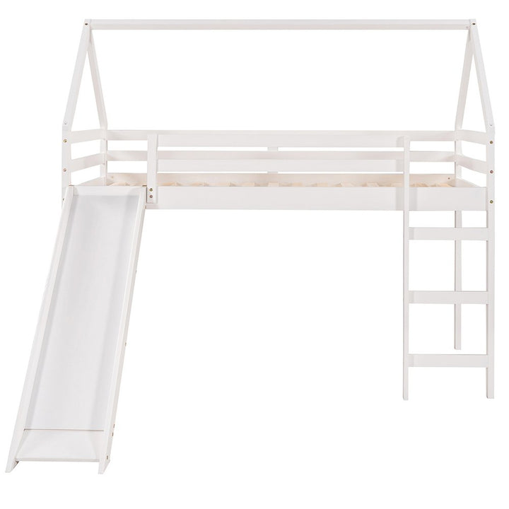 Hommoo Kids Wood Loft Bed, House-Shaped Bed with Slide and Ladder, Twin Size - White Image 6