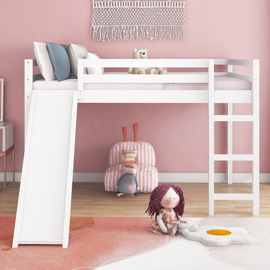 Hommoo Kids Wood Loft Bed with Slide, Ladder, Full Size - White Image 1