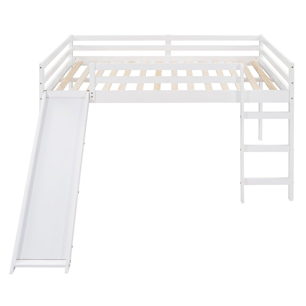 Hommoo Kids Wood Loft Bed with Slide, Ladder, Full Size - White Image 2