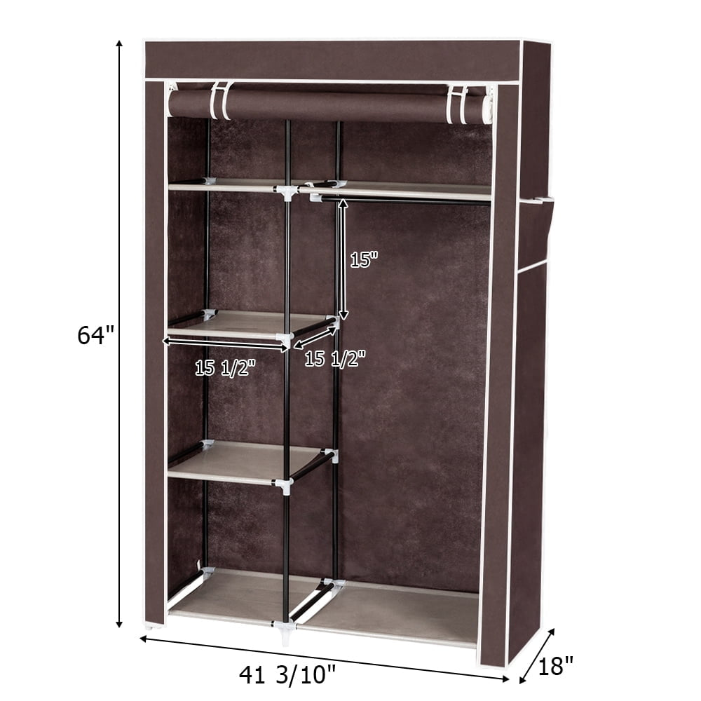 Hommoo 64" Portable Closet Wardrobe, Storage Organizer Clothes Rack with Shelves - Dark Brown Image 2