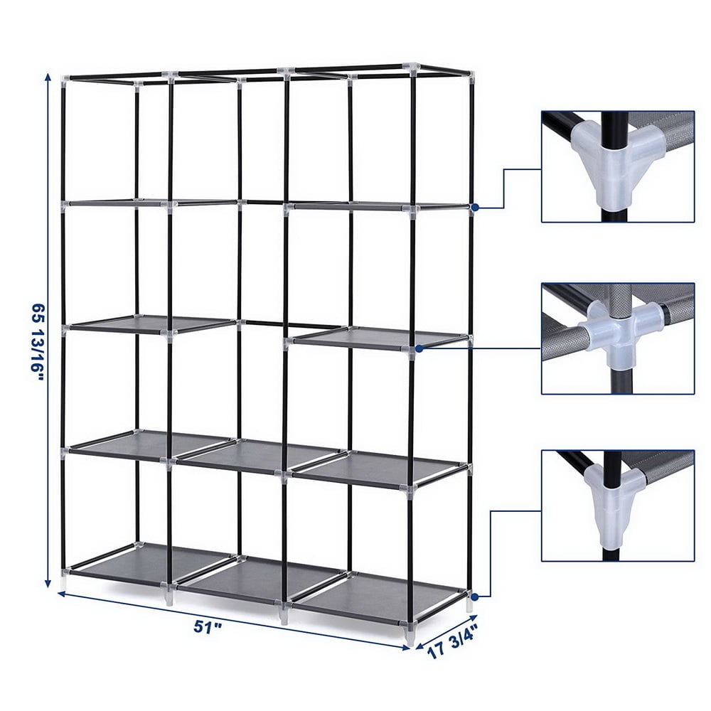 Hommoo 67" Portable Closet Wardrobe, Storage Organizer with 10 Shelves - Easy to Assemble - Gray Image 2