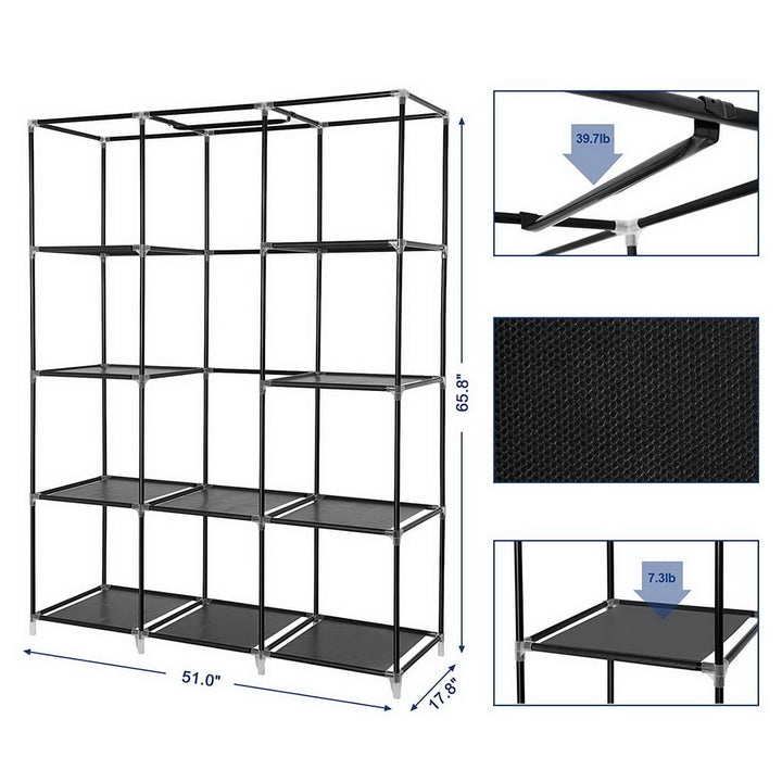 Hommoo 67" Portable Closet Wardrobe, Storage Organizer with 10 Shelves - Easy to Assemble - Black Image 4