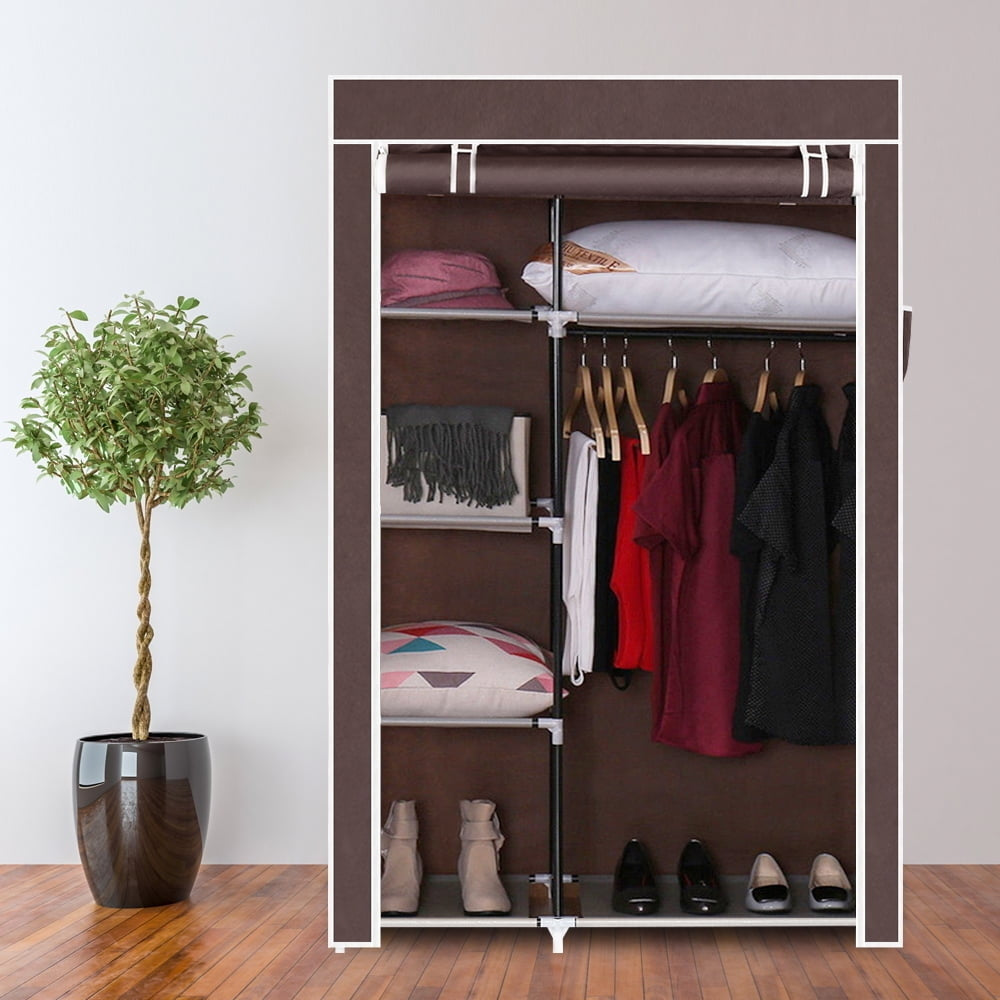 Hommoo 64" Portable Closet Wardrobe, Storage Organizer Clothes Rack with Shelves - Dark Brown Image 3