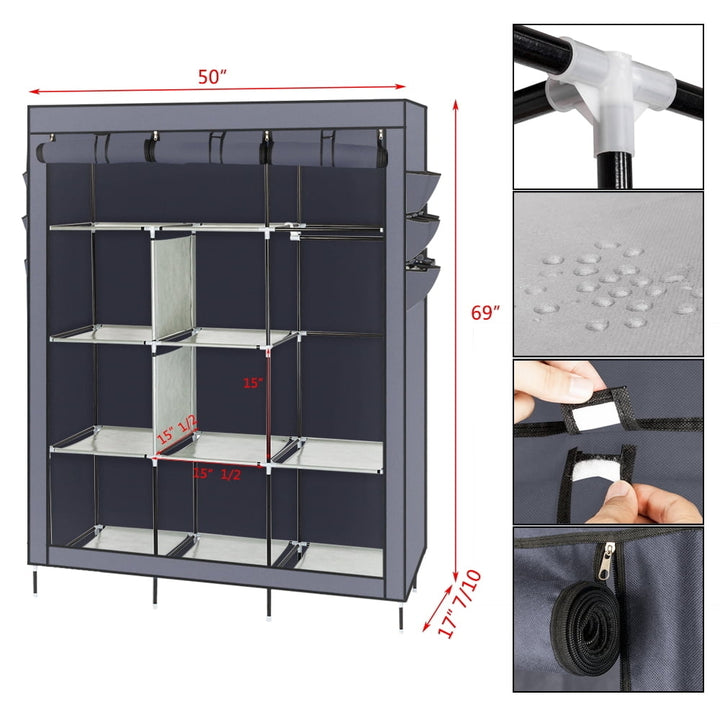 Hommoo 69" High-leg Non-woven Fabric Cloth Wardrobe, Closet Shoe Storage Cabinet Organizer Shelves - Gray Image 4