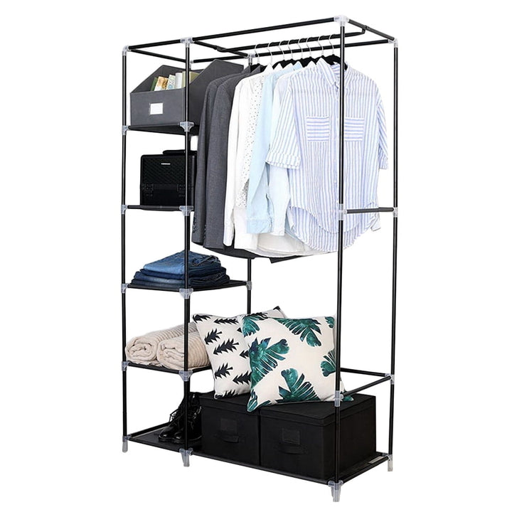 Hommoo 64" Portable Closet Wardrobe, Storage Organizer Clothes Rack with Shelves - Dark Brown Image 4