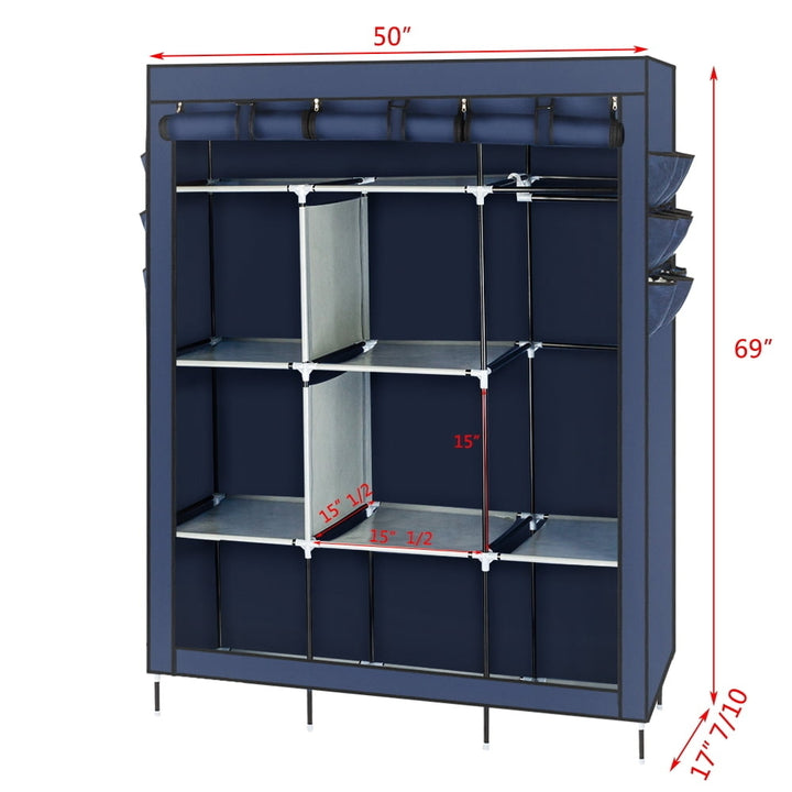 Hommoo 69" High-leg Non-woven Fabric Cloth Wardrobe, Closet Shoe Storage Cabinet Organizer Shelves - Dark Blue Image 2