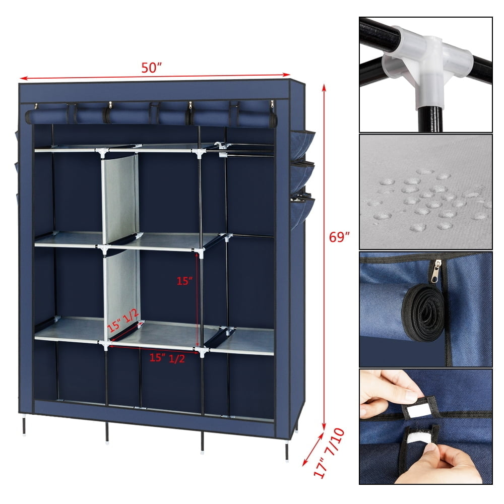 Hommoo 69" High-leg Non-woven Fabric Cloth Wardrobe, Closet Shoe Storage Cabinet Organizer Shelves - Dark Blue Image 3