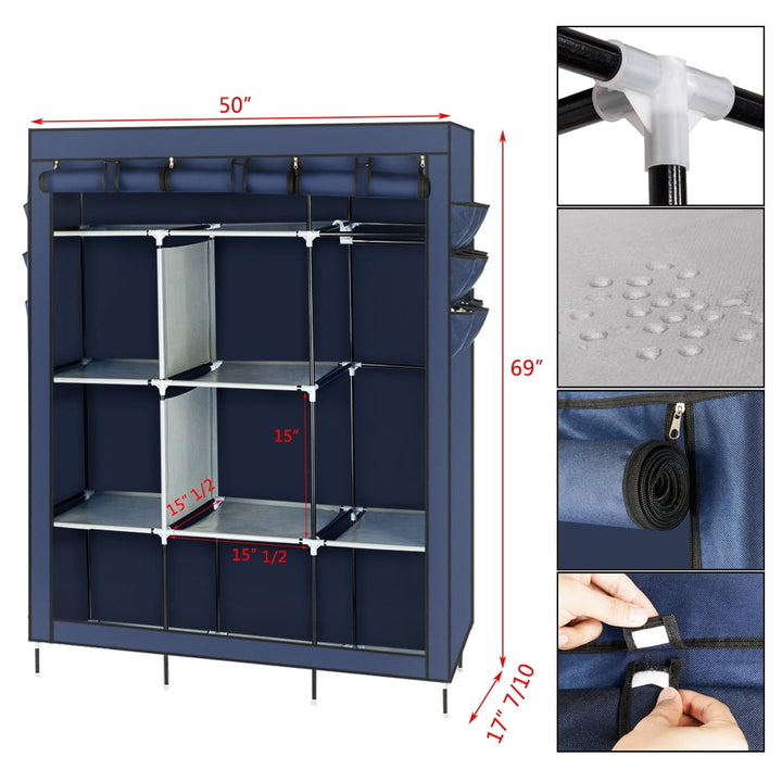 Hommoo 69" High-leg Non-woven Fabric Cloth Wardrobe, Closet Shoe Storage Cabinet Organizer Shelves - Dark Blue Image 3