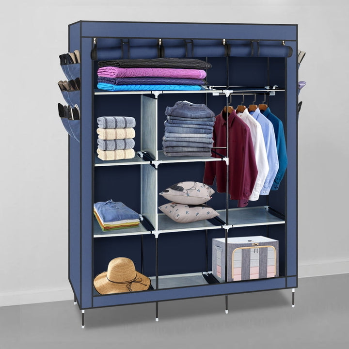 Hommoo 69" High-leg Non-woven Fabric Cloth Wardrobe, Closet Shoe Storage Cabinet Organizer Shelves - Dark Blue Image 5