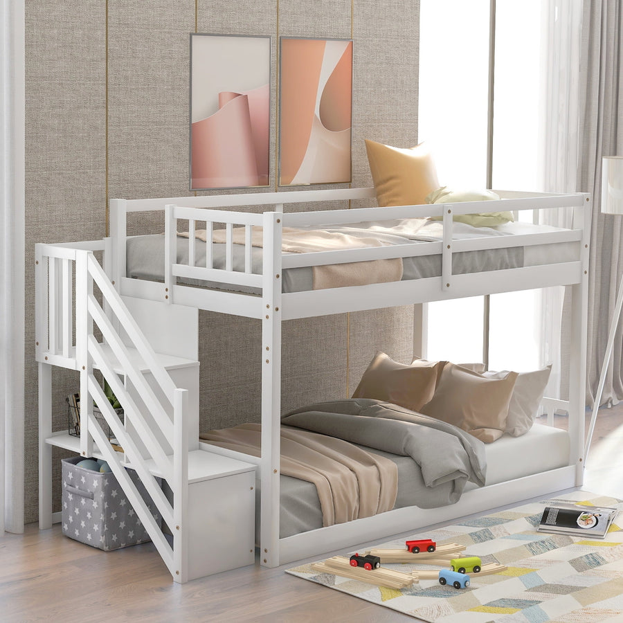 Hommoo Solid Wood Twin-Over-Twin Bunk Bed for Kids Teens, Modern Bed Frame for Bedroom Guest Room, Ladder with Storage, Image 1