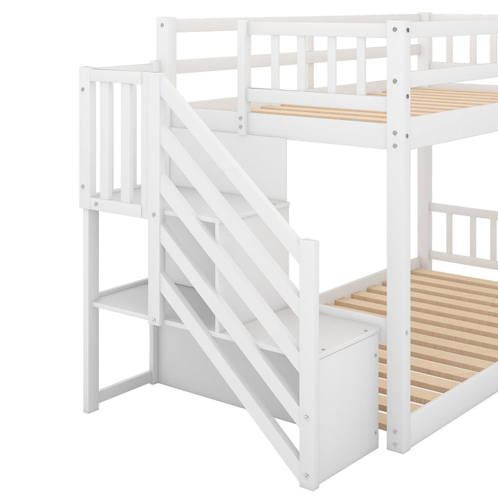 Hommoo Solid Wood Twin-Over-Twin Bunk Bed for Kids Teens, Modern Bed Frame for Bedroom Guest Room, Ladder with Storage, Image 3