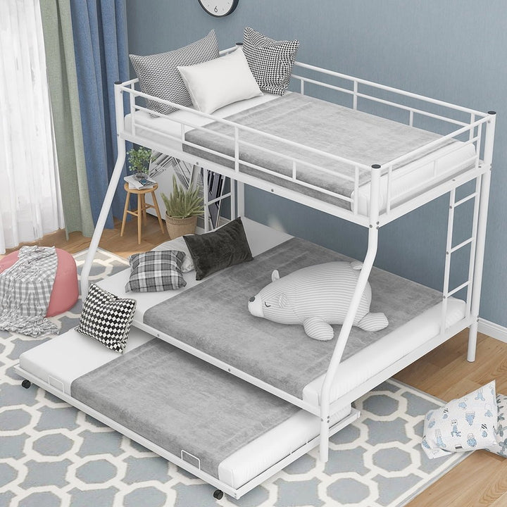 Hommoo Twin Over Full Metal Bunk Bed with Trundle and 2 Ladder for 3 People - White Image 1