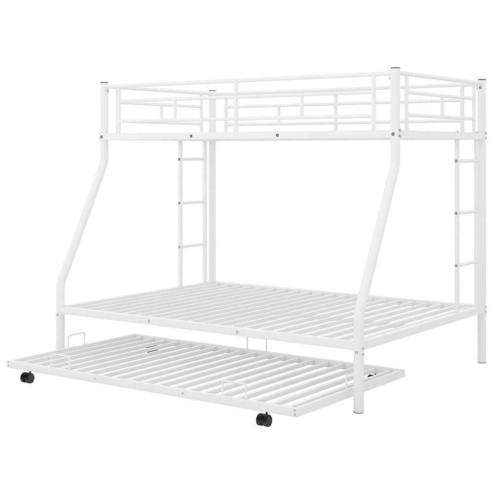 Hommoo Twin Over Full Metal Bunk Bed with Trundle and 2 Ladder for 3 People - White Image 2