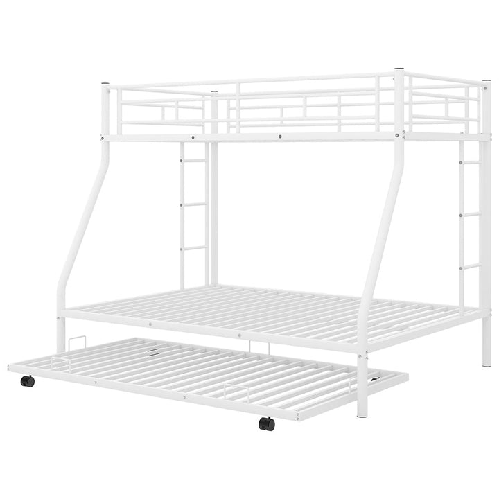 Hommoo Twin Over Full Metal Bunk Bed with Trundle and 2 Ladder for 3 People - White Image 2