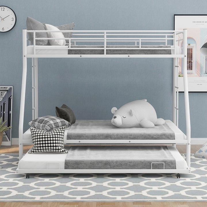 Hommoo Twin Over Full Metal Bunk Bed with Trundle and 2 Ladder for 3 People - White Image 3