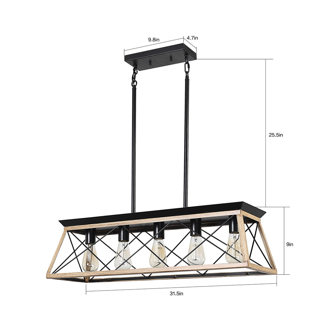 Hommoo 5-Light Farmhouse Chandeliers, Rectangle Wood Metal Pendant Light for Kitchen, Living Room(No Bulbs), Oak Image 2