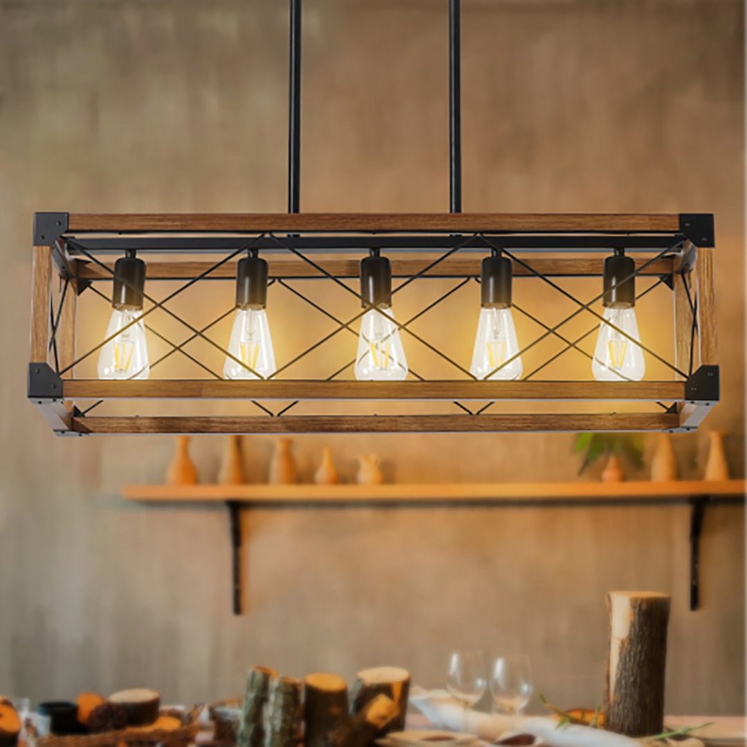 Hommoo Rectangle Wood Metal Pendant Light, 5-Light Retro Farmhouse Chandelier for Kitchen, Living Room, Dining Room, Image 3